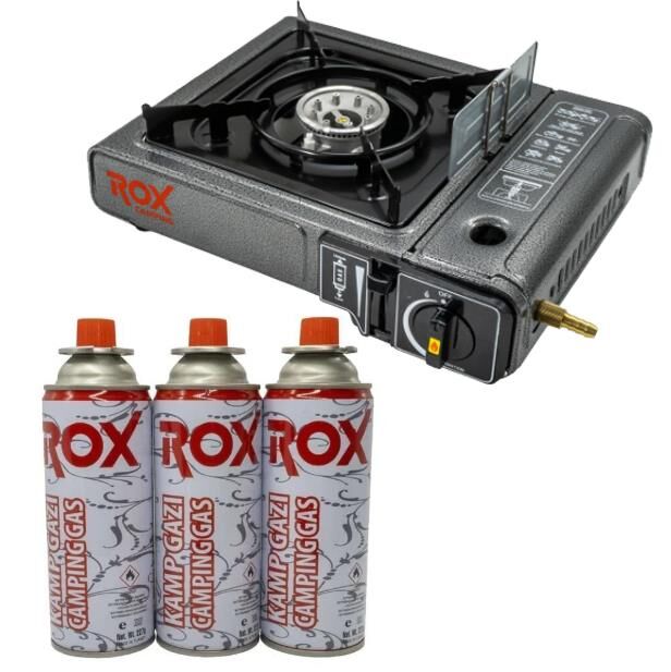 Rox Camping 0103 Tekli Portatif Kamp Ocak Rüzgarlıklı(Ekstra Gaz Girişli) - 3 Adet Rox Valfli Kamp Gazı Kartuş 227gr Hediyeli